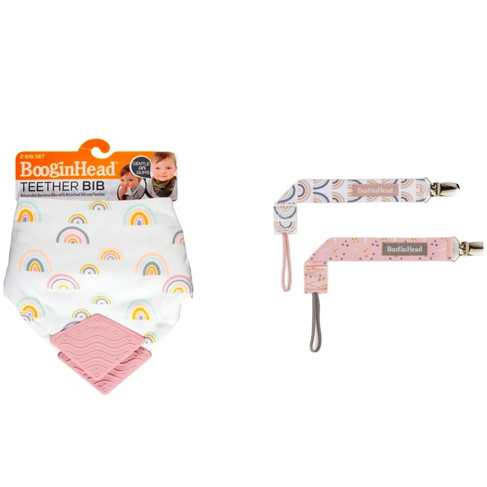 BooginHead Universal Pacifier Clips and Bibs Set Pink Rainbow New